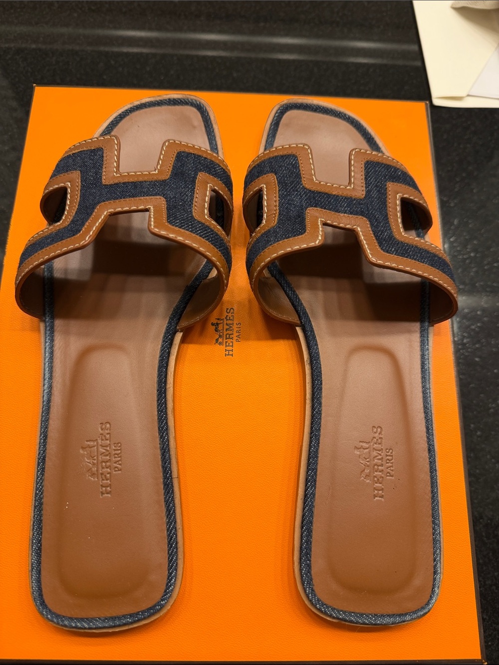 Hermes Denim Navy and Brown Oran Slide Sandals 39